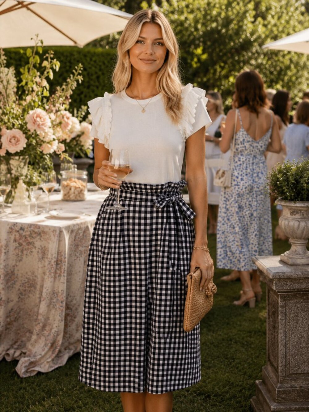 NWOT - Wilfred by Aritzia Gingham Ruffle Hem A-Line Skirt - Black / White - XXS